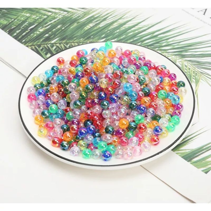 (100 pcs) manik bulat 6mm bening pelangi / manik mote transparan 6mm / manik kaca bulat 6mm