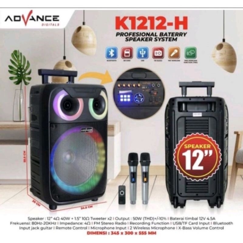 SPEAKER BLUETOOTH PORTABLE SPIKER TROLLEY TROLI ADVANCE K 1212H K1212 1212 H K1212H 12 INCH IN " 12I