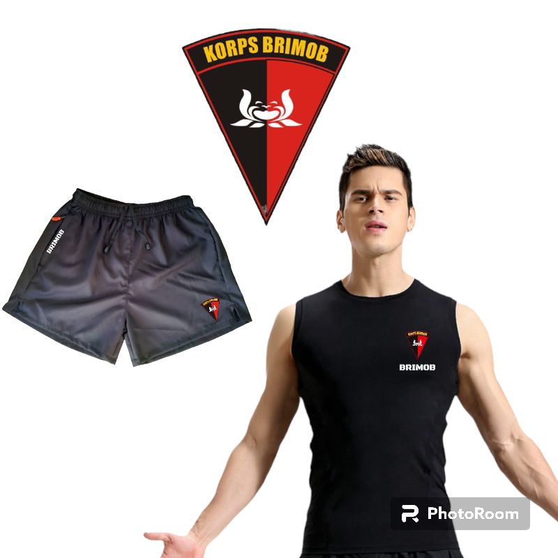 setelan olahraga pria Brimob / celana running Brimob / celana pendek pria / singlet gym pria brimob