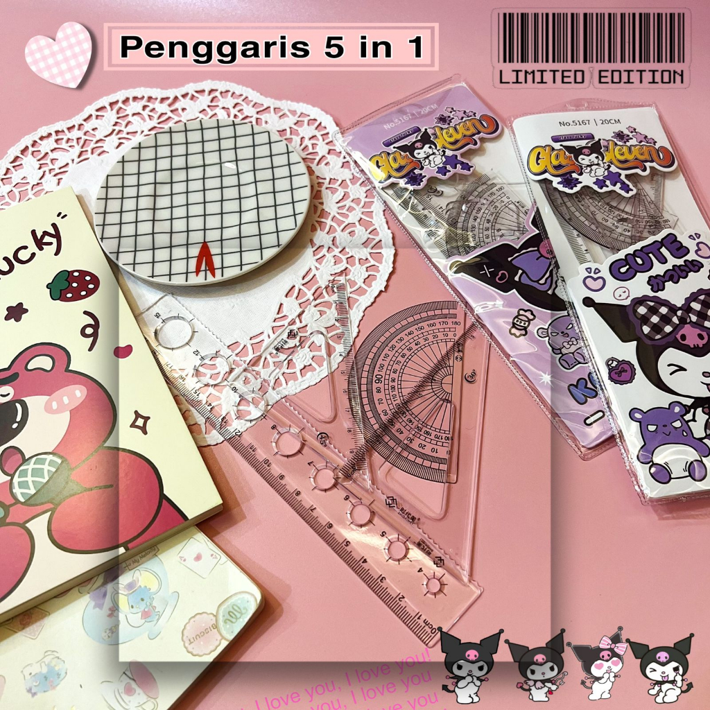 

Berkattoserba 5 in 1 penggaris kuromi Pouch dan 4 macam model penggaris 20cm