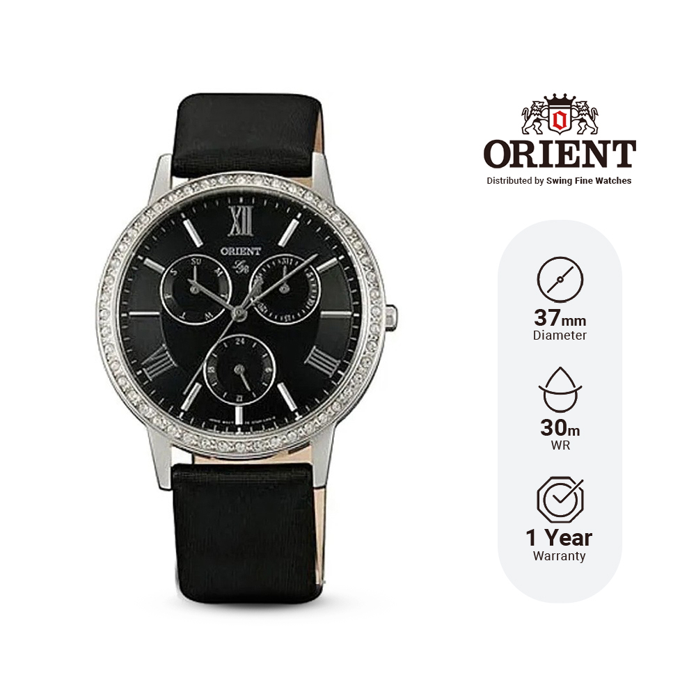 Jam Tangan Orient FUT0H005B Lady Rose Black Leather Strap Swarovski Crystal Quartz Analog