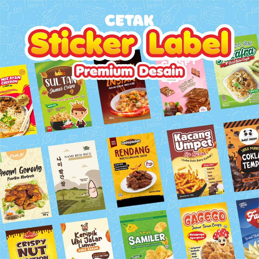 Cetak Sticker Label kemasan Nama Produk Merk Makanan Snack Kopi Minuman Desain Custom