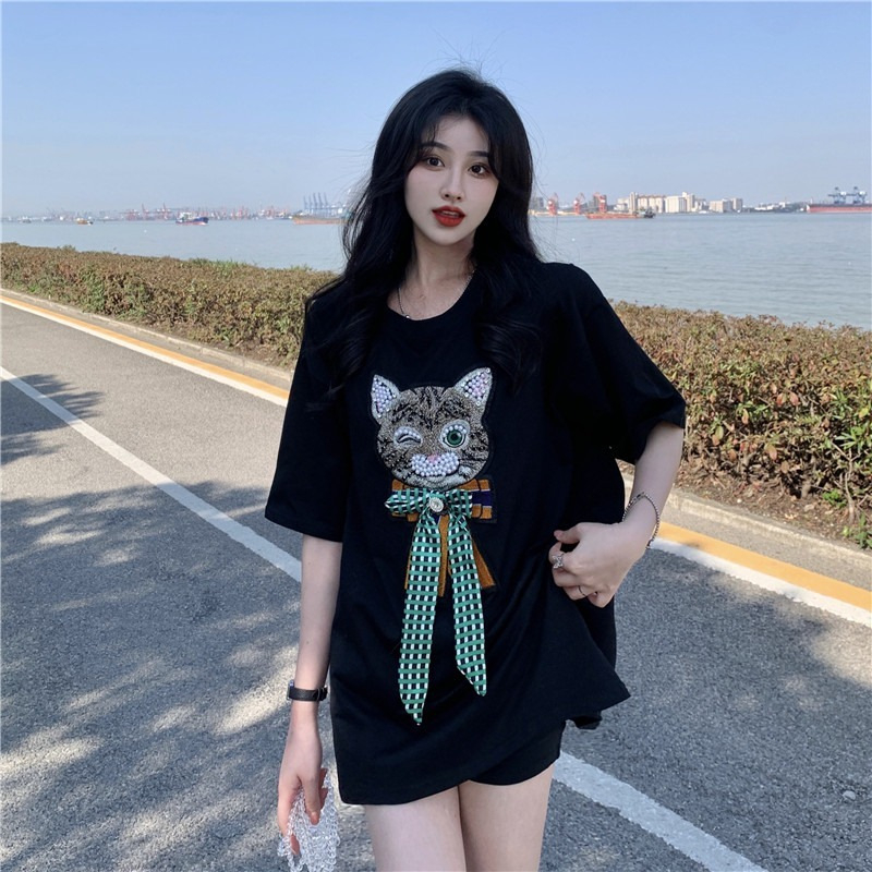 【MOOGU】 Kaos korea oversize t-shirt katun bordir tebal atasan wanita