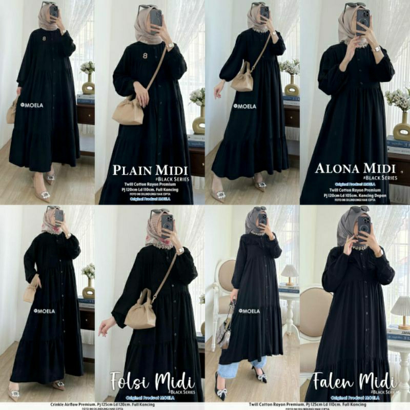 Update 13.10 Katalog Midi Dress Warna Black berlabel MOELA // FALEN ALONA PLAIN FOLSI //  ISACO MORA