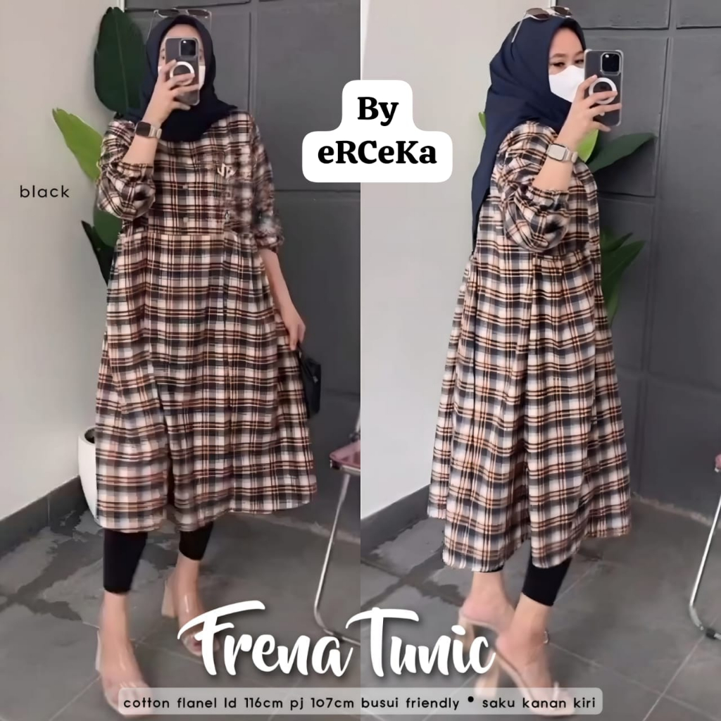 frena tunik tunic baju pakaian atasan dress dres panjang selutut katun flanel motif kotak jumbo ld 1
