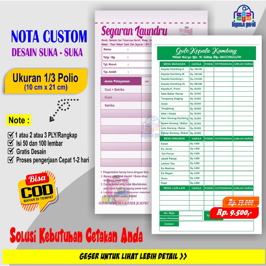 

nota custom, bon custom, nota pake nama sendiri 2 ply, nota custom 2 ply ukuran 1/3 folio