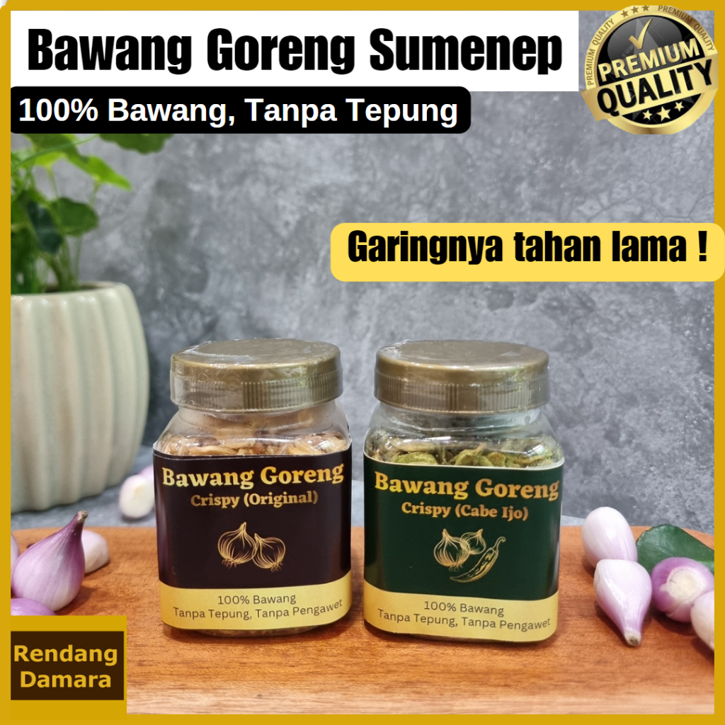 

BAWANG GORENG KRIUK CRUNCHY TAHAN LAMA GARINGNYA TANPA TEPUNG ASLI SUMENEP TANPA PENGAWET TANPA PEWARNA PREMIUM QUALITY COCOK UNTUK TRAVELING DARI RENDANG DAMARA