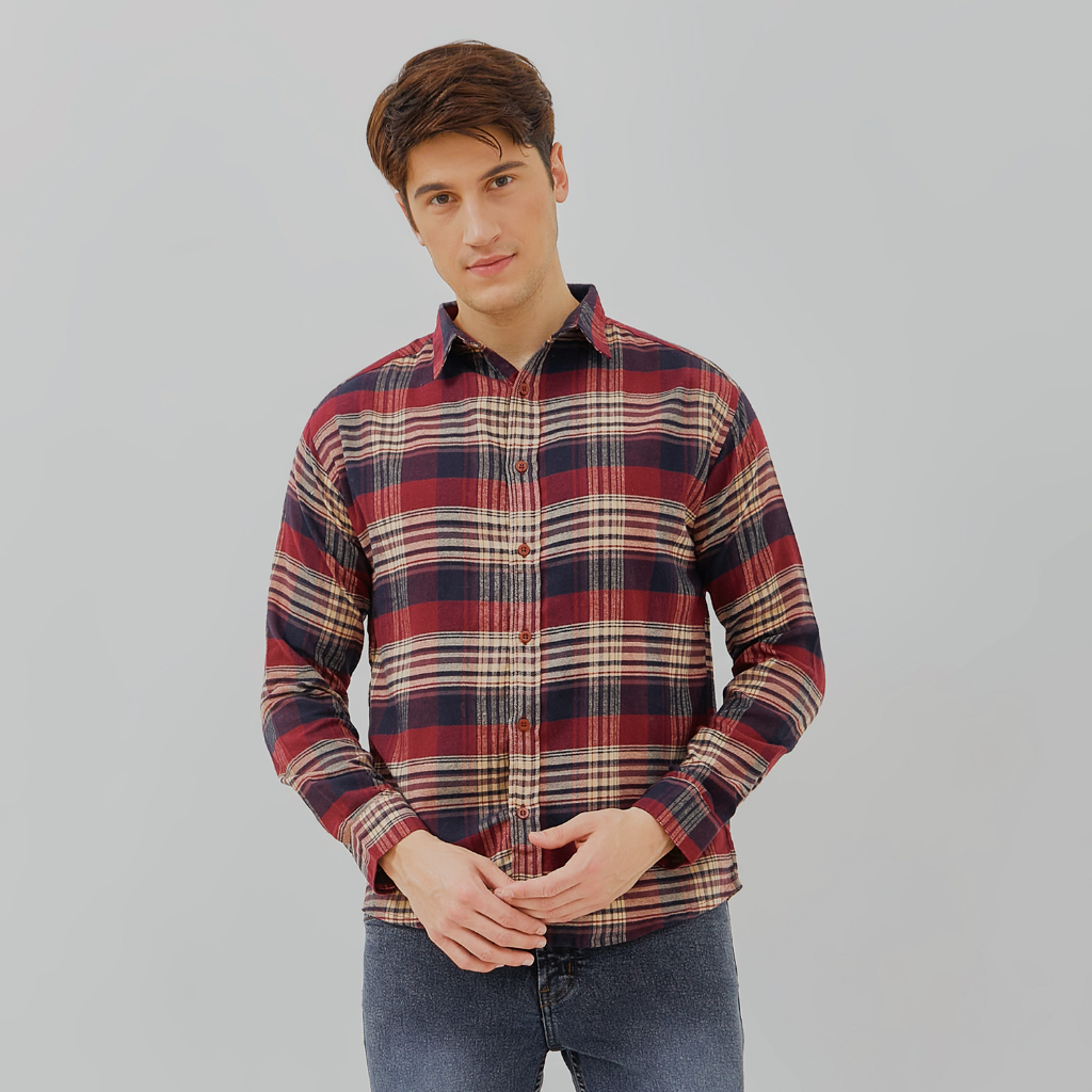 PAULMAY Kemeja Flanel Pria Lengan Panjang Merah 6712
