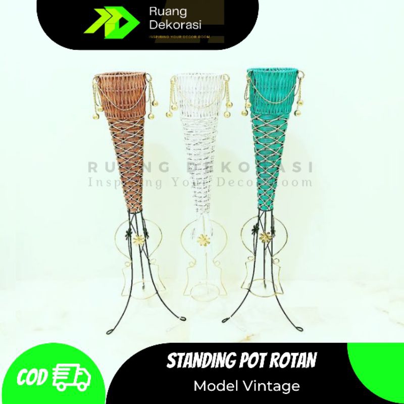Standing Pot Bunga Besi Pot Bunga Rotan Rak Bunga Besi Vas Anyaman Rotan Vas Pot Bunga Rotan Dekoras