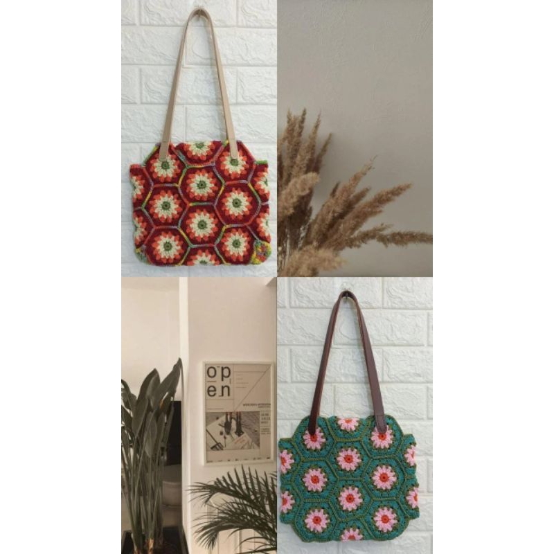 tas tote rajut segienam, tali kulit sintetis