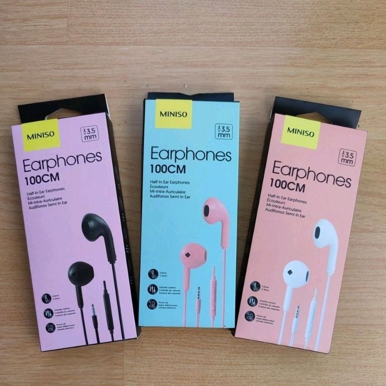 MINISO EARPHONE HEADSET KABEL HALF IN EAR MACARON JACK 3.5mm HITAM PUTIH PINK HIJAU