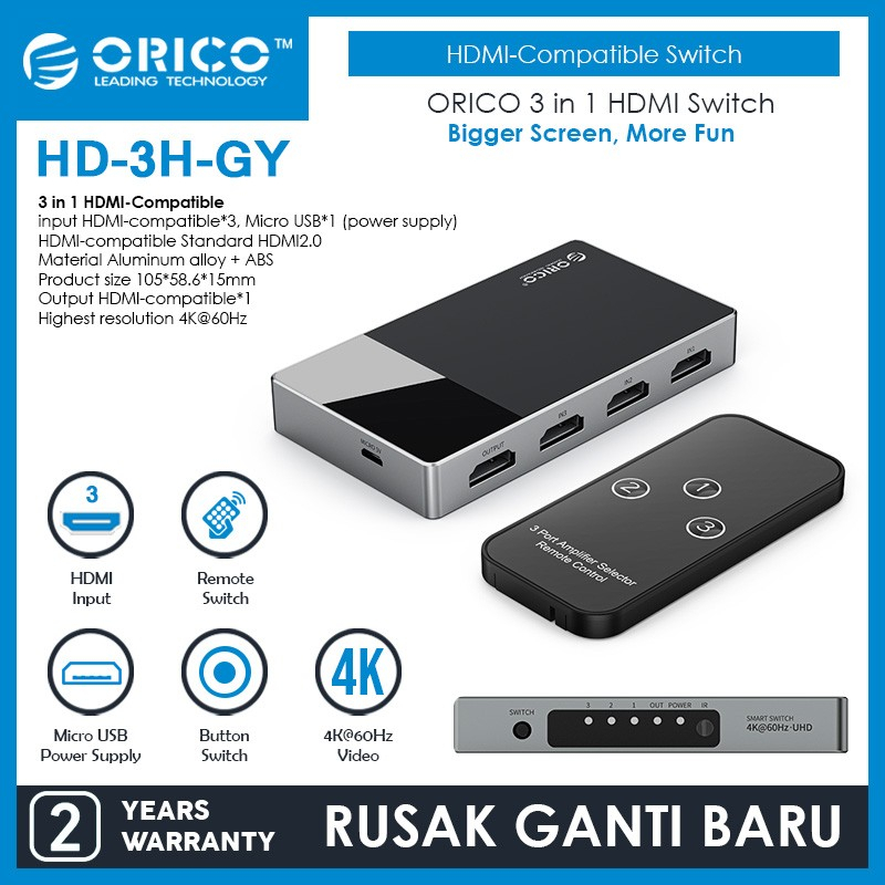 Hdtv 2.0 switch orico 3 port 4k 60hz 600mhz adapter 3in1 w/ remote hd-3h - hdtv switcher selected 3 input 1 output 3x1 hd3h