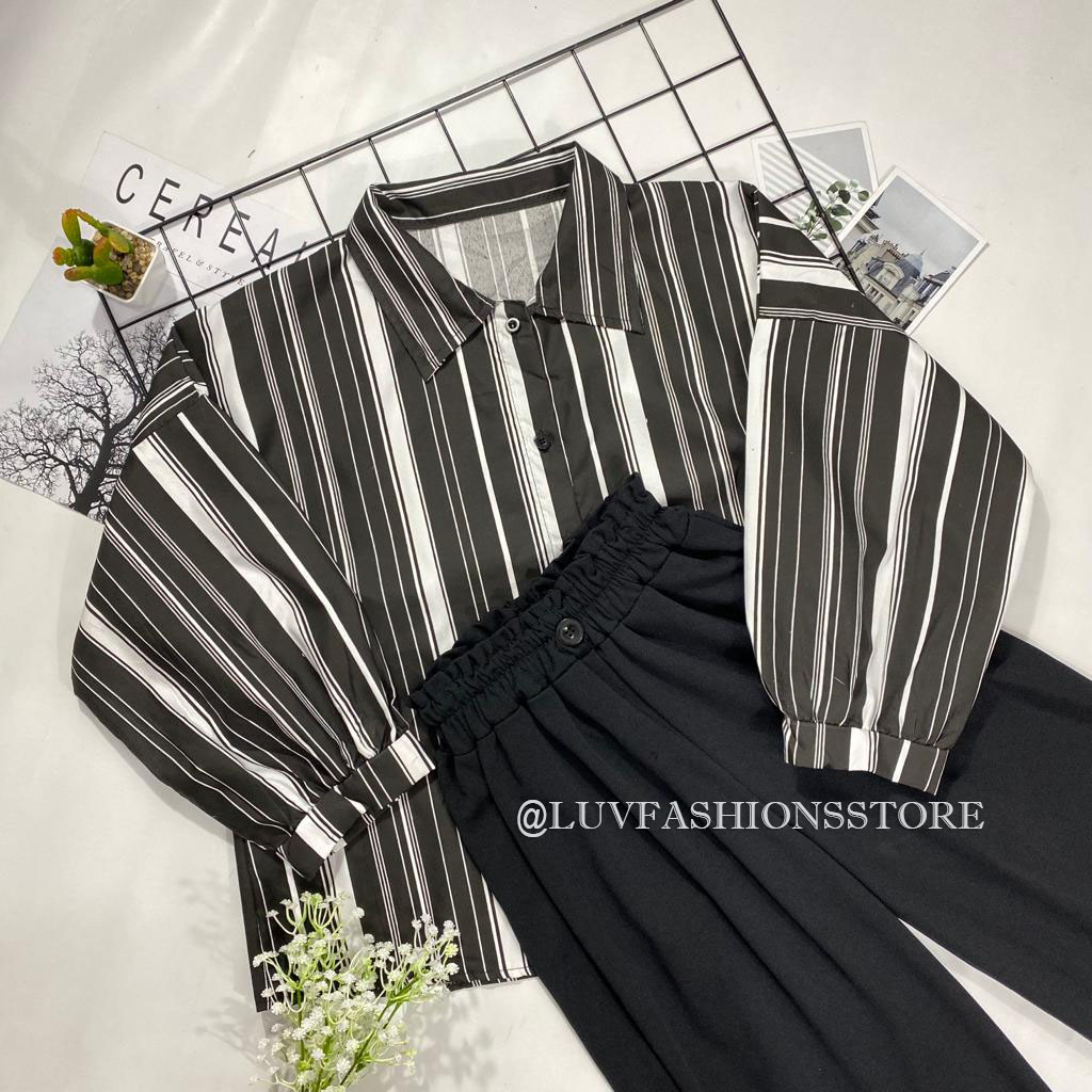 IL - SETELAN KEMEJA LOLY HITAM MOTIF SALUR / ONE SET KULOT KANCING CEREPE PREMIUM