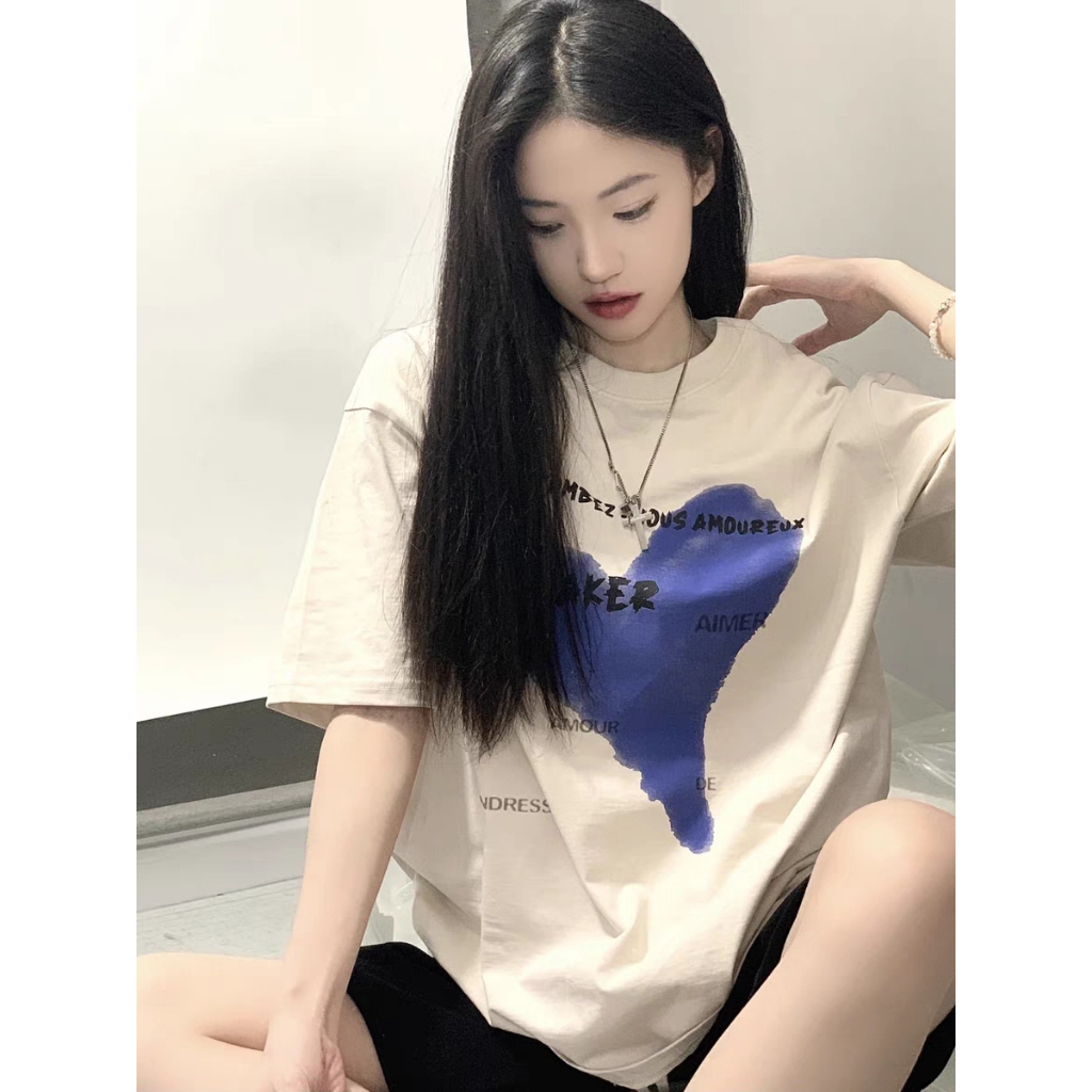 Korean Style kaos putih casual Heart print baju kaos baju oversize wanita/kaos tumbler