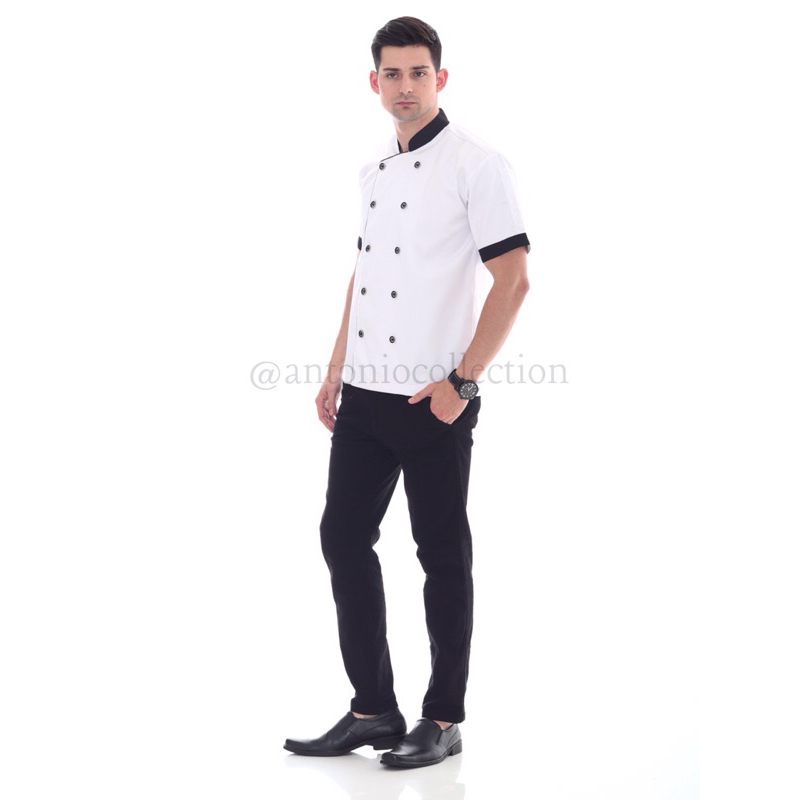 Baju Koki / Chef Jacket Putih Lis Hitam Lengan Pendek