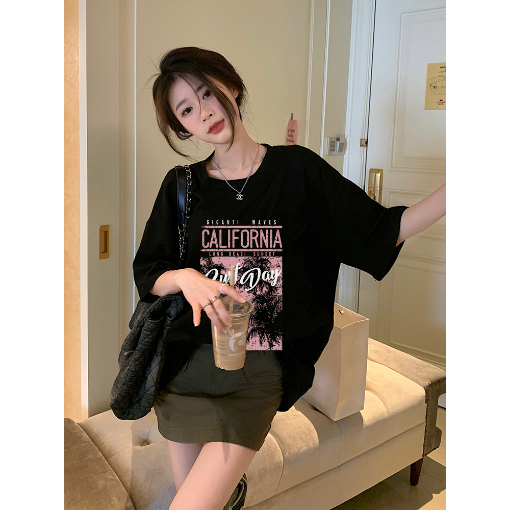 EUNII T-shirt Lengan Pendek Retro Pink Record Korean Style/Kaos Atasan Wanita/Baju Kaus Oversize Wanita/Kaos Wanita