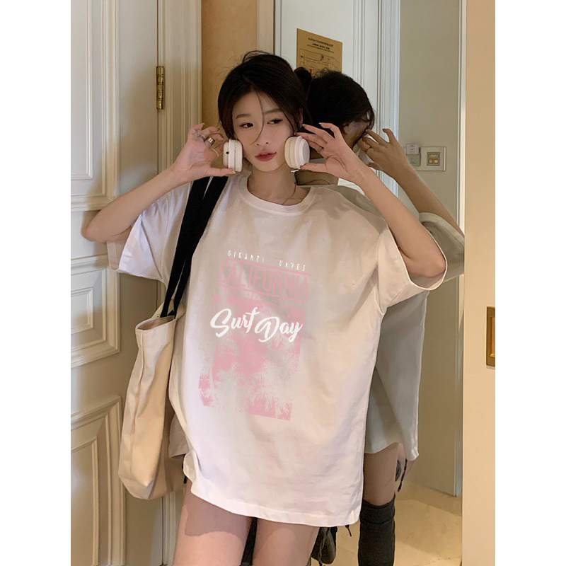 EUNII T-shirt Lengan Pendek Retro Pink Record Korean Style/Kaos Atasan Wanita/Baju Kaus Oversize Wanita/Kaos Wanita