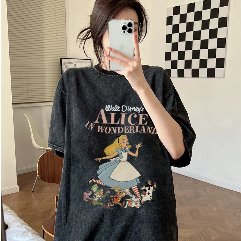 Print Washed T-shirt Kaos Lengan Pendek Oversize Hitam Cartoon Alice In Wonderland Korean Style Atasan Wanita
