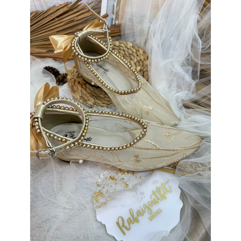 sepatu vanesha wanita cantik gold pita 3cm tahu