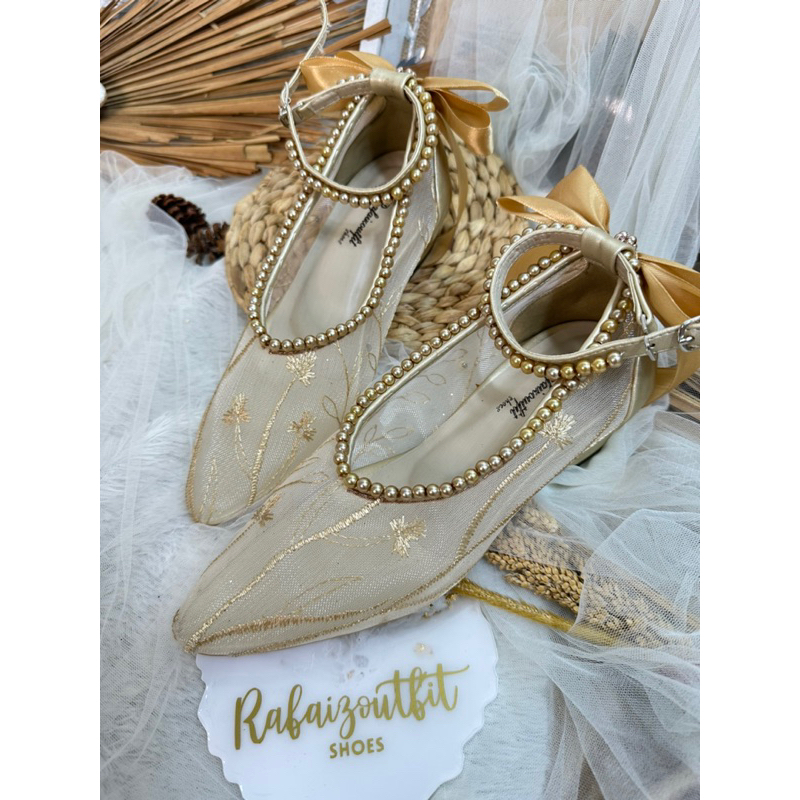 sepatu vanesha wanita cantik gold pita 3cm tahu