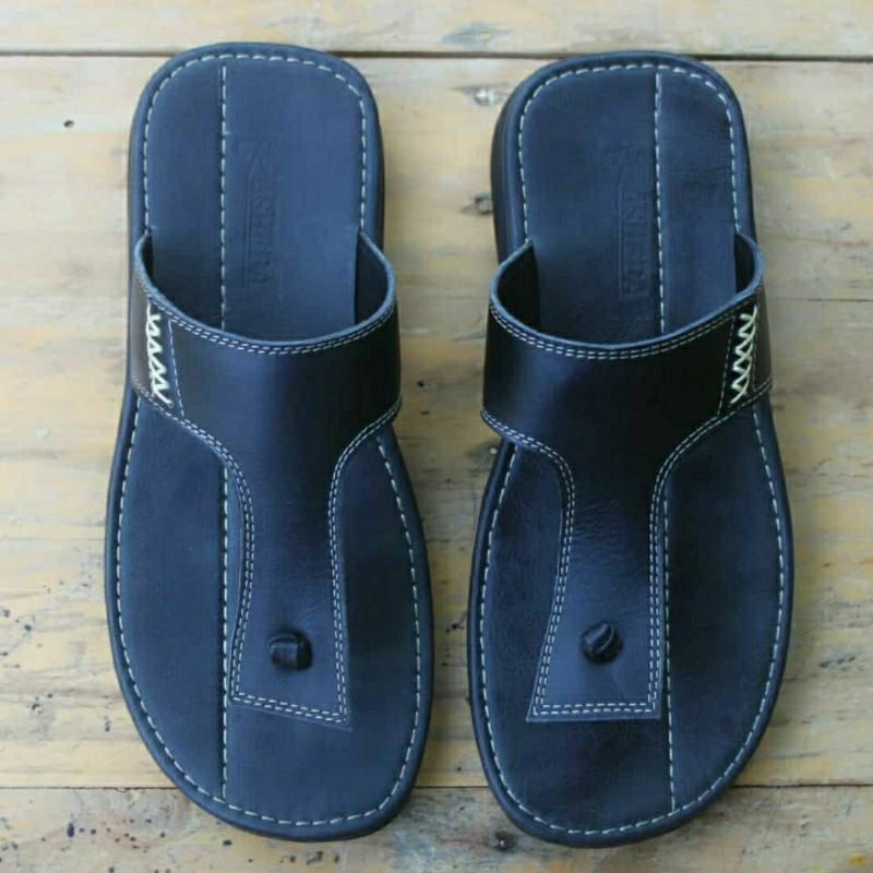 SANDAL KULIT SAPI HITAM POLOS JAPIT PRIA DEWASA UKURAN BESAR JUMBO SIZE 44 45 46 47 48