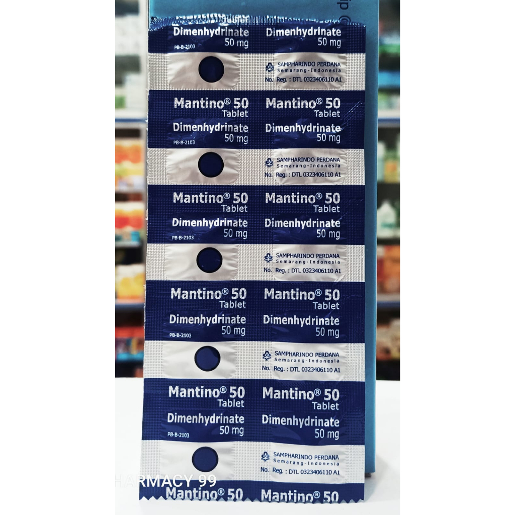 Mantino 50mg 𝟏 𝐒𝐭𝐫𝐢𝐩 𝐢𝐬𝐢 𝟏𝟎 𝐓𝐚𝐛𝐥𝐞𝐭 - Obat Mabuk Perjalanan/Vertigo/Pusing