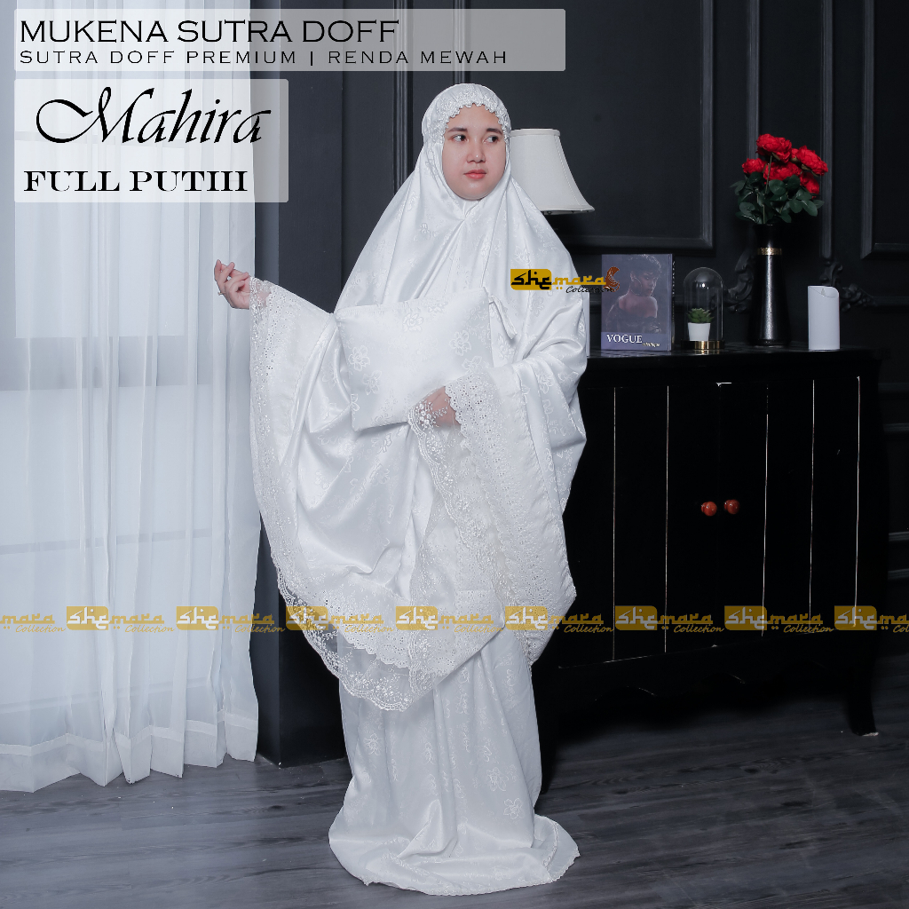 Mukena Dewasa Putih Sutra Doff Corak Bunga Mewah Silk Premium [SheMara] - MahiraSeries