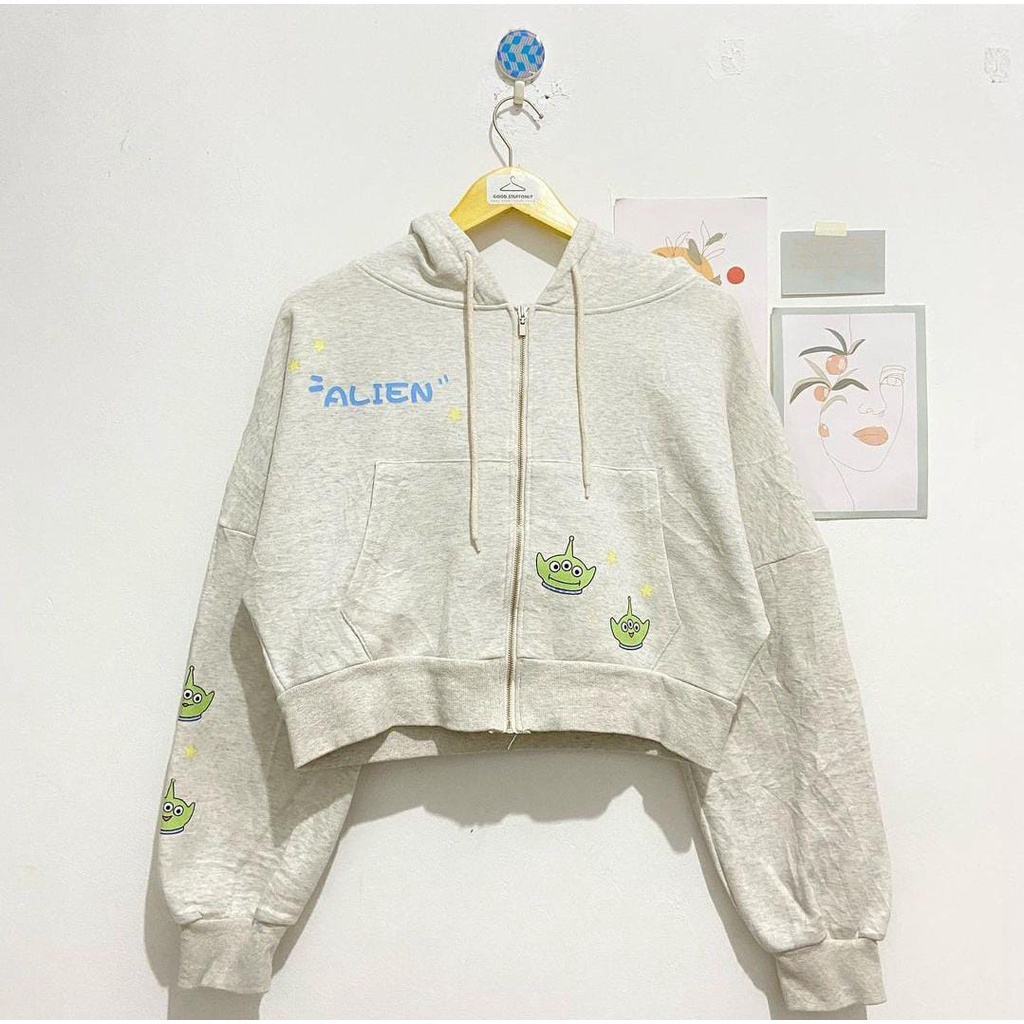 HOODIE ALIEN CROP PREMIUM Jaket Sweater Hodie Zipper Wanita Kekinian Fashion Outfit Ootd Korean Style Suiter Krunek Jacket Hudie Sweter Cewek Remaja Switter Bahan Fleece Tebal LD 110 PB 45