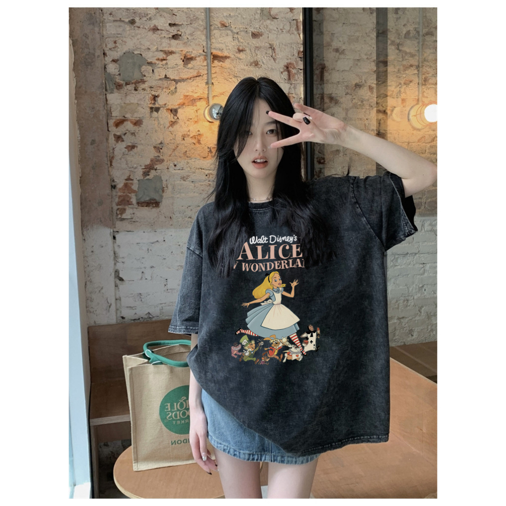 EUNII T-shirt Lengan Pendek Black Washed Retro Cartoon Alice In WonderlandPrinting Korean Style/Kaos Atasan Wanita/Baju Wanita/Kaos Wanita