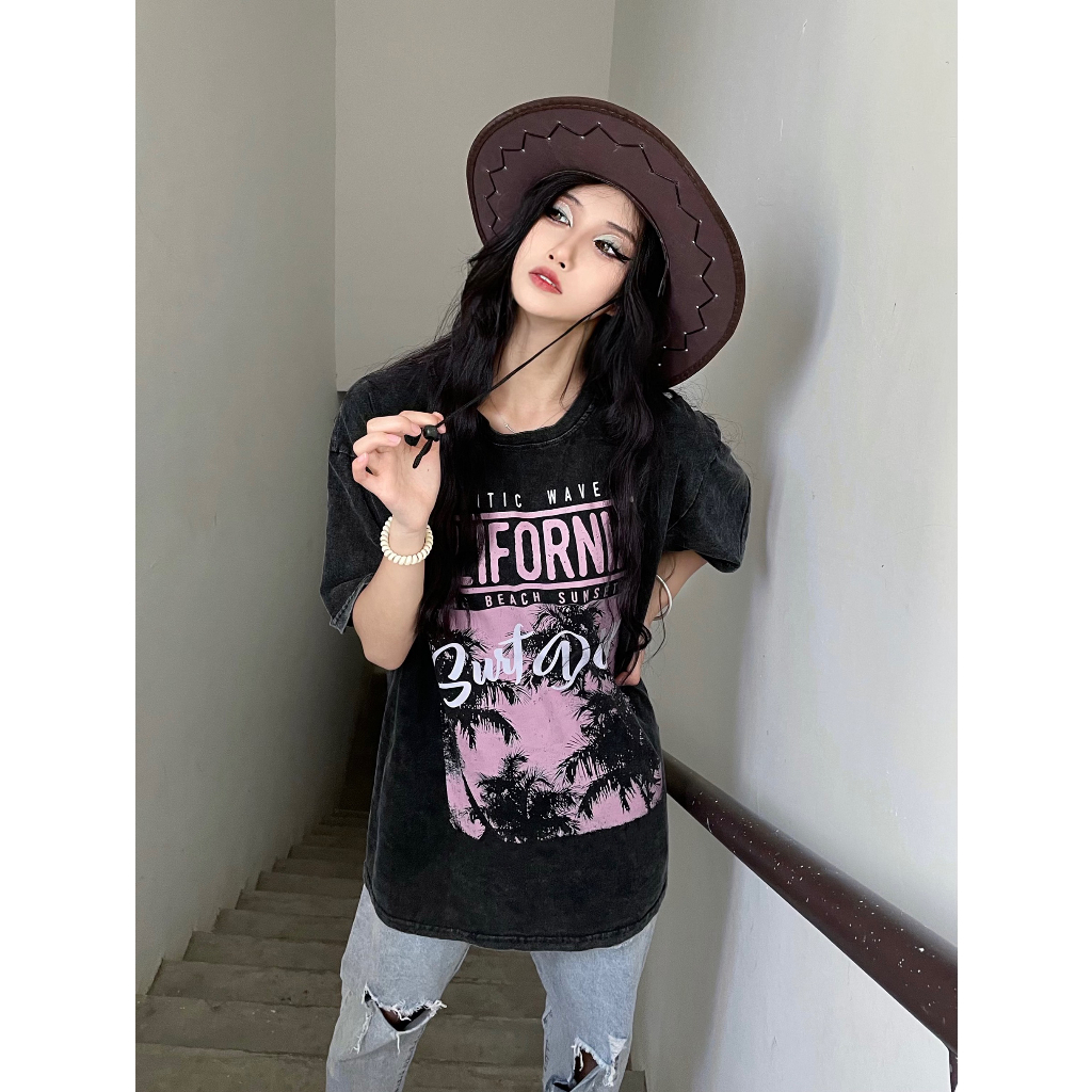 EUNII T-shirt Lengan Pendek Black Washed Retro Pink Shut Day Printing Korean Style/Kaos Atasan Wanita/Baju Wanita/Kaos Wanita