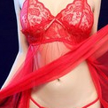 •ILUVBRA•BT002 Pakaian Lingerie Wanita Sexy V-Neck Model Renda Serat Mesh-MERAH