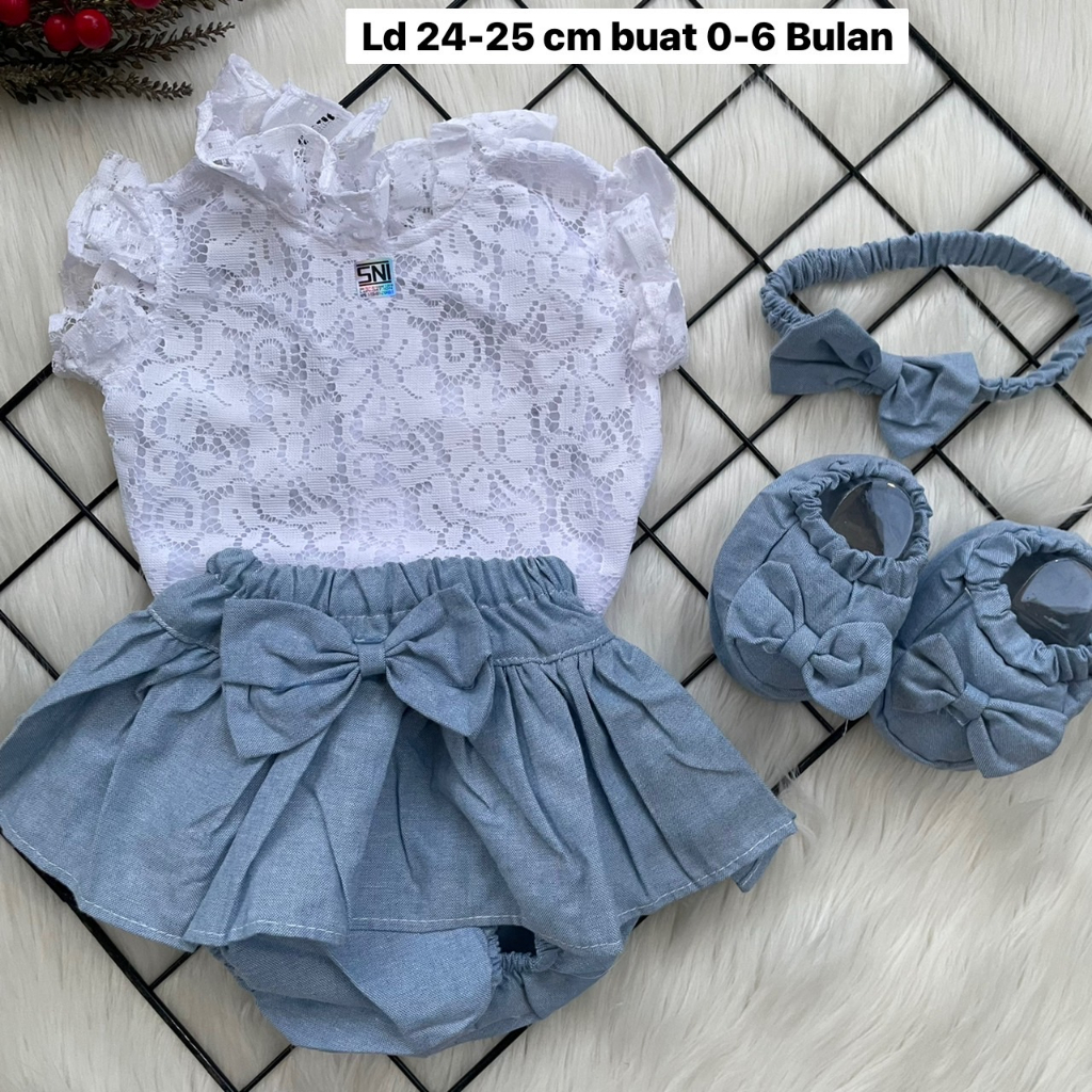 Baju Setelan brocade dress polka bandana sepatu lucu motif bunga cantik fashion anak bayi cewek 0-6 bulan