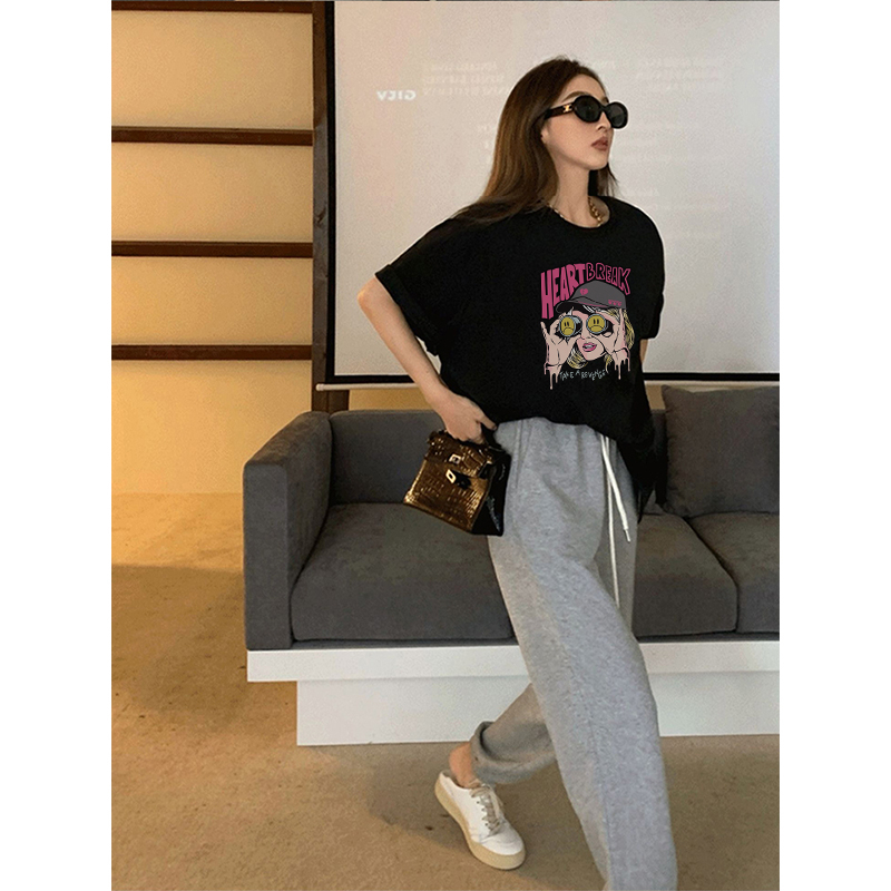 kaos hitam oversize wanita korean style lengan pendek cartoon character graffiti print T-shirt import kekinian kaos hitam