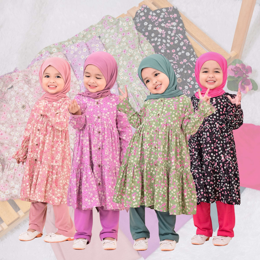 Nauree - Setelan Tunik Kikan Flora Untuk Anak Perempuan Umur 1 2 3 4 5 6 7 8 Tahun Bahan Katun Rayon Printing Kualitas Premium Dingin Nyaman Lembut Bisa Dipakai Jalan Jalan Motif Lucu Bunga Bunga Import Warna Cantik Murah Blus Atasan Kerudun