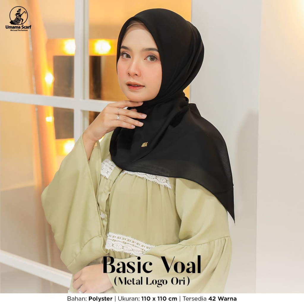 Jilbab Basic Voal Jahit Metal Logo Plat Gold Kerudung Voal Umama 110x110cm