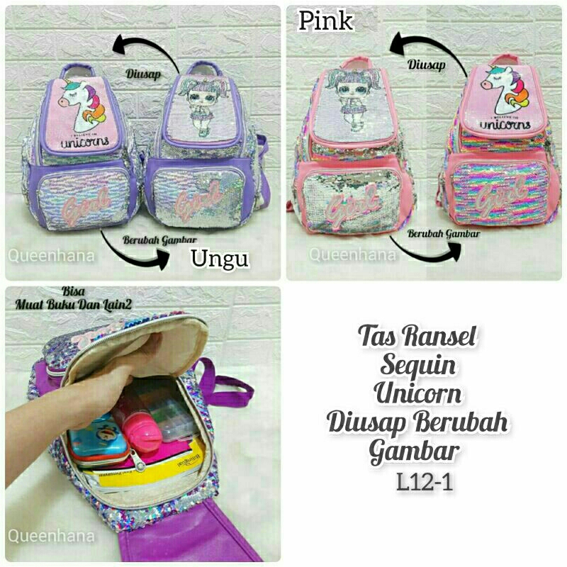 Tas Sequin Unicorn Tanduk / Tas Ransel Sequin Unicorn / Tas Ransel Anak Sekolah