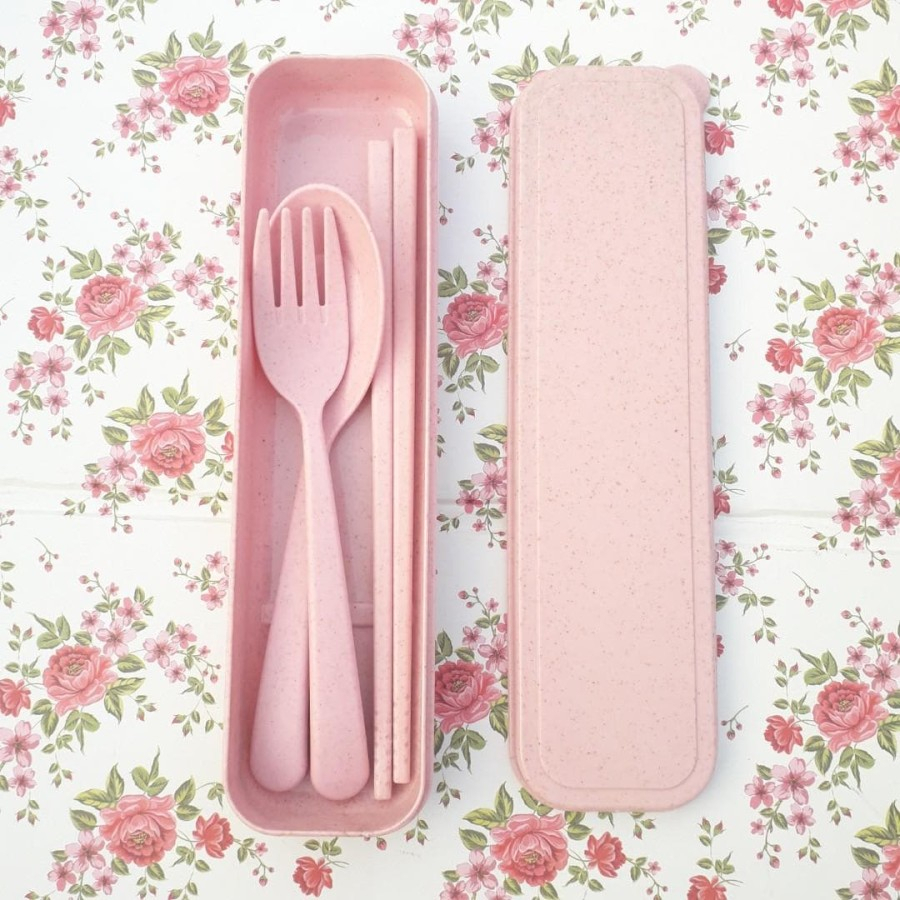 Alat Makan Set 3in1 Sendok Garpu Sumpit Plastik dengan Kotak Box Souvenir Bahan Jerami Gandum Cutlery Set