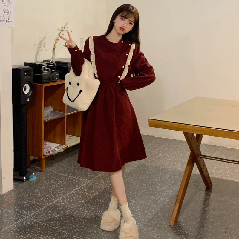 Eun-Bin Midi Dress Kancing Mutiara - Dress Korean Wanita Import TM (CY274)