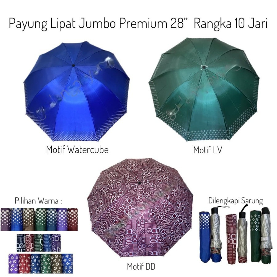 Payung Lipat 3 Jumbo 10 Jari Motif LV TUBE WATERCUBE DD PARIS Polos bisa muat 3 orang