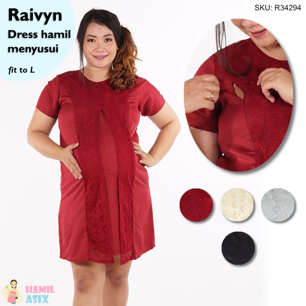 Raivyn – Dress hamil menyusui midi pendek “Venice” formal pesta brokat Marun / Moka / Abu / Hitam