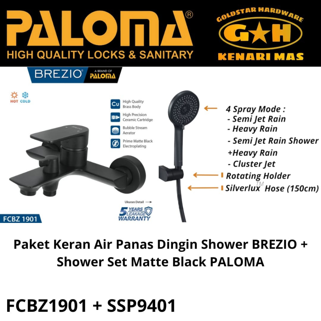 PAKET Keran Air Panas Dingin Shower BREZIO + Shower Set Hitam PALOMA