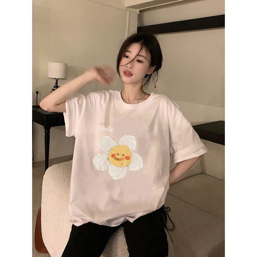 XIAOZHAINV Kaos Atasan Oversize Wanita Flower Pattern Lengan Pendek A0642