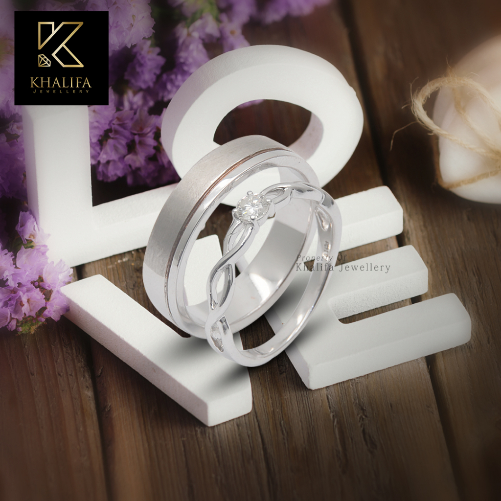 Cincin Kawin/Cincin Tunangan Couple Emas Putih 75%+ Berlian & Palladium