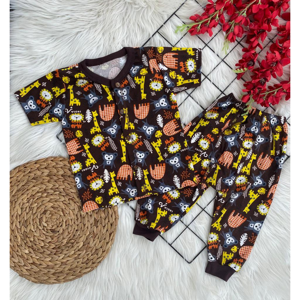 setelan baju anak laki laki perempuan lucu murah motif printing monkey PENDEK PANJANG (kancing depan) celana pampers 3-18 buan