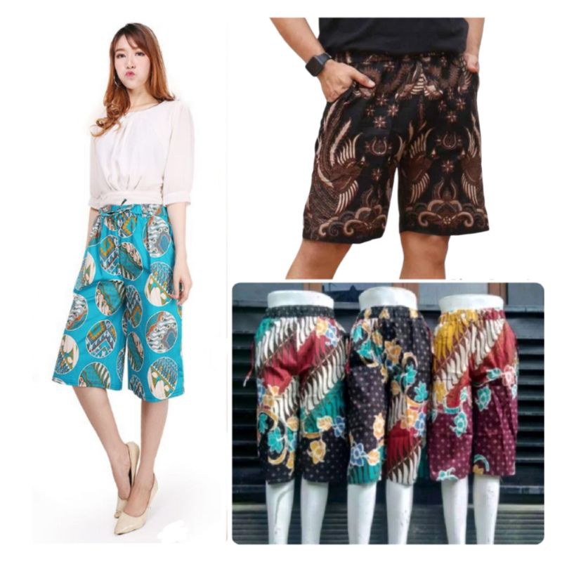 kulot pendek 7/8 batik jumbo celana pendek pria & wanita selutut kain katun hawai santai sehari-hari