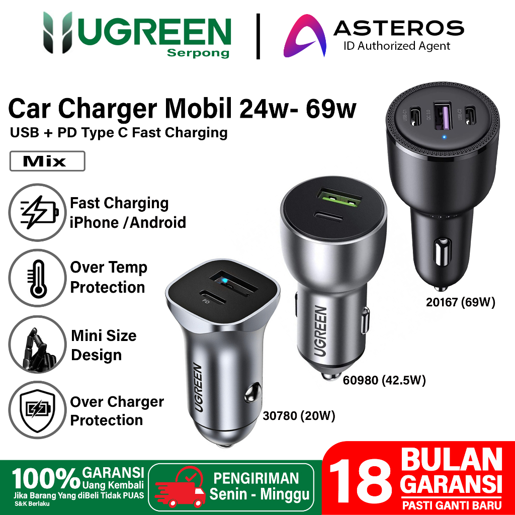 UGREEN Car Charger Mobil FAST Charging iPhone Samsung USB + Type C PD QC3.0