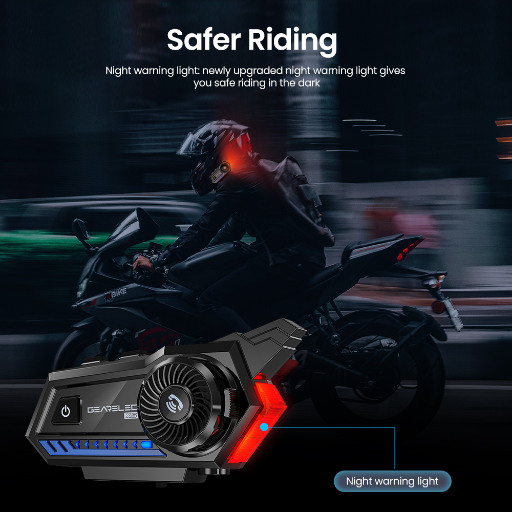 GEARELEC X5 Bluetooth Sepeda Motor Helm Headset Hands Free Call BT 5.1 Earphone Headphone Nirkabel dengan FM Radio Malam Lampu Peringatan 2000mAh
