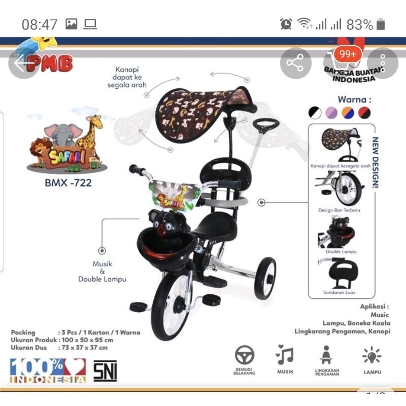 Sepeda Roda Tiga PMB BMX-722 Nikel 1-3 Tahun Roda Karet IC Music Monkey Rotor Safety Bar Kanopi PMB9