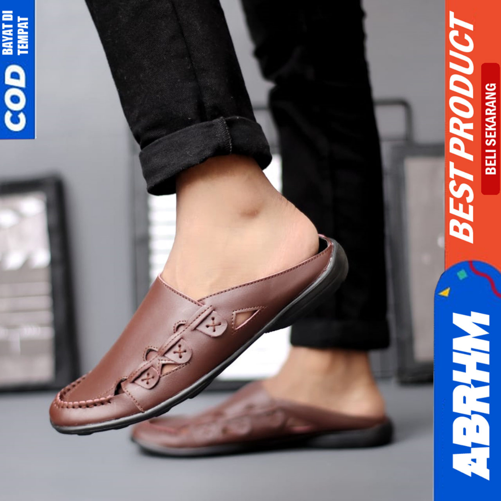 Sepatu Sandal Pria Slop Bustong Kulit Asli Hitam Abrhm Owen