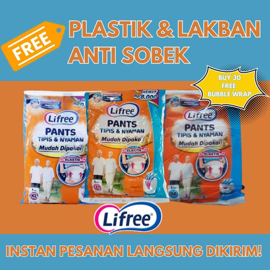 DISTRIBUTOR UNICHARM LIFREE PANTS POPOK TIPE CELANA / POPOK MELAHIRKAN / PERSALINAN DEWASA / LANSIA SACHET SATUAN [Size : M/L/XL per 1 Sachet] TERMURAH PROMO